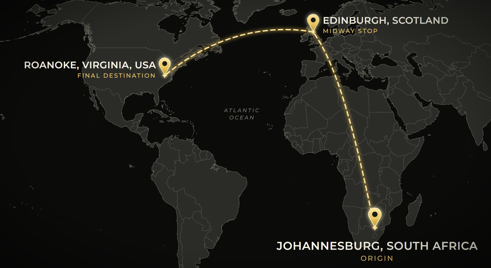 Map of James Kasza's journey: Johannesburg, South Africa to Edinburgh, Scotland to Roanoke, Virginia